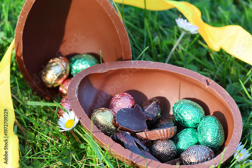  A large, sweet Easter egg with a yellow bow, hidden in green grass with daisies. Easter egg hunt tradition
