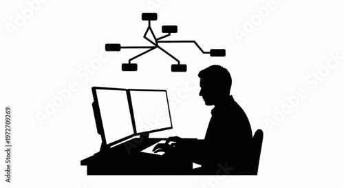 Silhouette of an IT professional or engineer working with dual monitors analyzing complex computer systems and digital network data