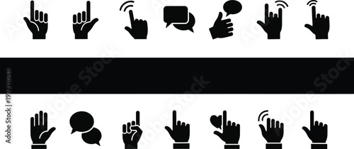 Collection of black and white hand gesture icons representing digital interactions and communication signals.
