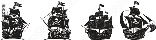 Black and white pirate ships with skulls and crossbones on sails isolated on white background