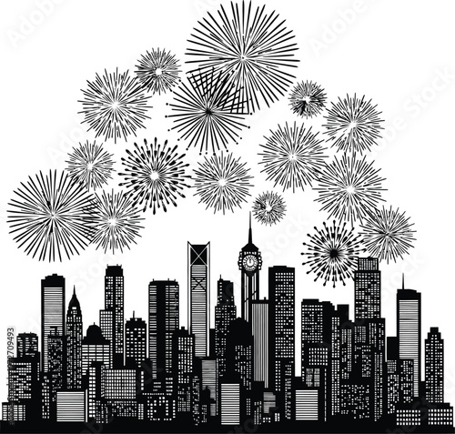 Fireworks illuminating a silhouette of a bustling modern city skyline at night Vector