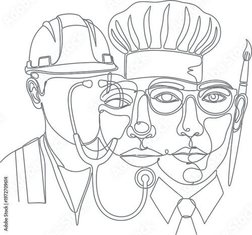 A single continuous line art drawing beautifully illustrates the diverse fusion of multiple professional careers, representing interconnected skills and broad human potential.