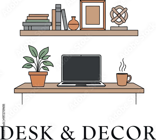 Simple vector illustration of a modern home office desk featuring a laptop, houseplant, and hot beverage cup beneath a stylishly decorated floating shelf.