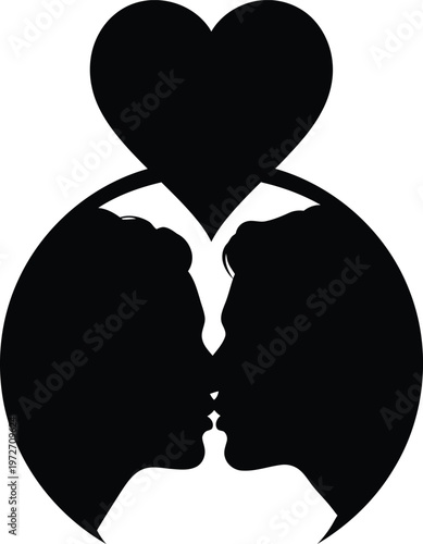 Two silhouetted figures sharing a heart-shaped moment in a tender embrace Vector