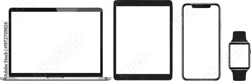 Responsive Device Mockup Set Featuring Laptop Tablet Smartphone and Smartwatch with Blank Screens for UI UX Design Presentation