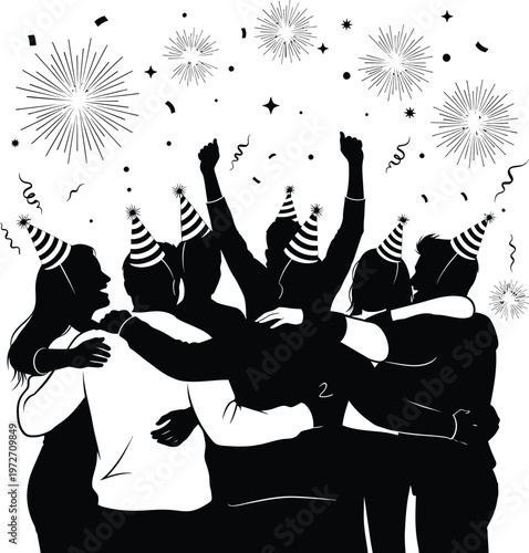 Celebrating a joyful gathering with festive fireworks and party hats Vector