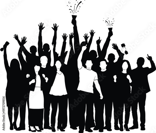 Celebratory group raising hands with bouquets in triumphant unity Vector