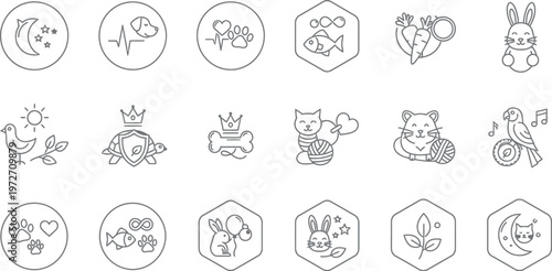 This extensive collection of animal and pet care linear icons offers symbols for health, food, nature, and beloved creatures, ideal for modern digital design and veterinary services.