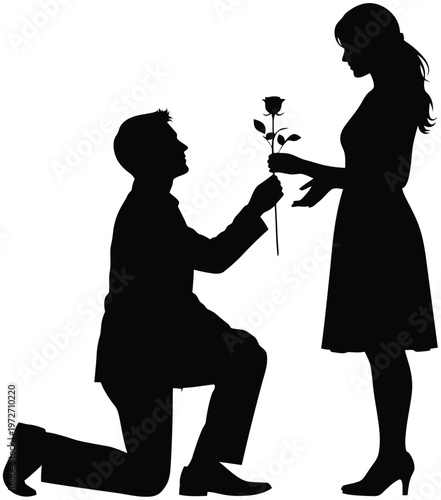 A man kneeling and offering a rose to a standing woman in a romantic gesture Vector