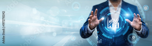 фотографія Businessman holding stock market interface with networking data, financial tradi