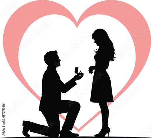 A man proposing marriage to a woman with a ring inside a heart shape background Vector