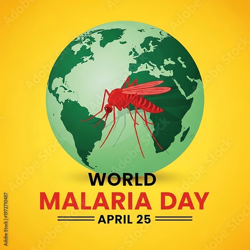 World malaria day poster with red mosquito on green globe and yellow background