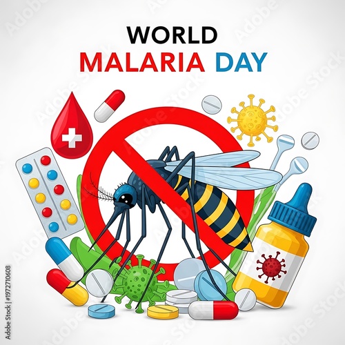 World malaria day awareness campaign with mosquito and medical icons