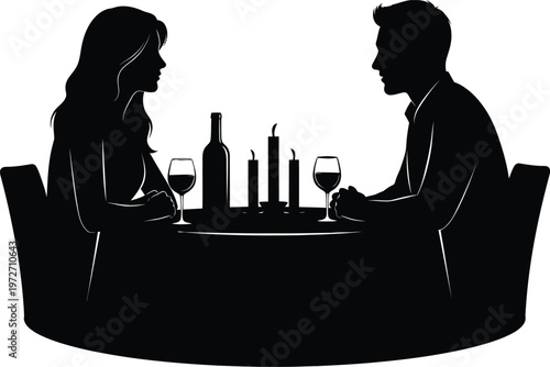 Couple sharing a quiet romantic dinner together at a cozy table setting. Vector