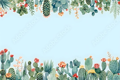 Watercolor illustration of cacti and succulent plants frame. Decorative border with blooming desert flower. Floral background with copy space for greeting card, wedding invitation design.