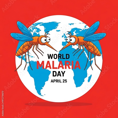 Colorful world malaria day graphic with cartoon mosquitoes on globe