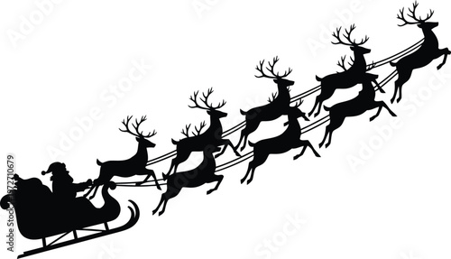 Santa Claus and reindeer flying across a snowy night sky in a sleigh Vector