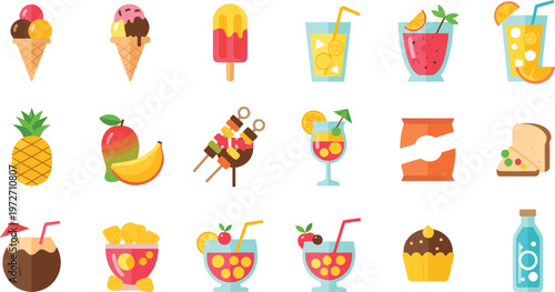 Set of Summer Food and Drinks Icons Including Ice Cream, Fruit Juice, Cocktail, Pineapple, Snacks, and Tropical Desserts