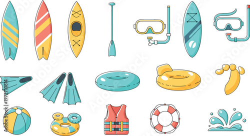 Set of Summer Beach and Water Sport Equipment Icons Including Surfboards, Snorkeling Gear, Floats, Life Jacket, and Swim AccessoriesPrint