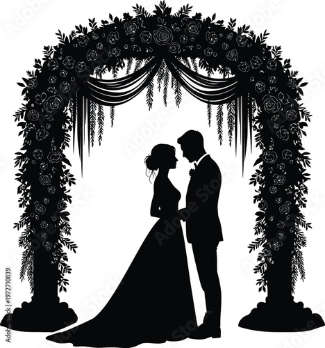 Elegant wedding couple sharing a romantic moment under a floral archway Vector
