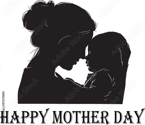 Silhouette of a mother holding her baby with love and tenderness in a black and white illustration .
