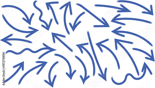 Collection of hand drawn blue arrows with rough brush stroke texture on white background
