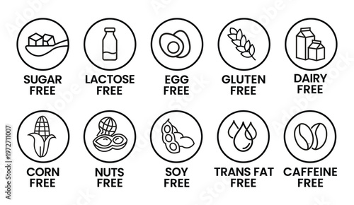 Set allergen free icons. Allergen free label products. Free lactose, gluten, sugar, corn, egg, trans fat, dairy, soy, nuts, caffeine, symbol, logo, badge, black, vector, isolated on white background.