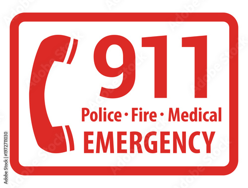Call 911 Label – Emergency Contact Icon, Police Fire Medical Assistance Badge, Safety Alert Symbol, First Aid and Rescue Sign, Black Line Vector Isolated on White Background