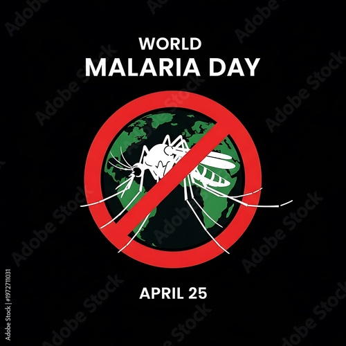 World malaria day logo with mosquito on globe and red prohibition sign on black background