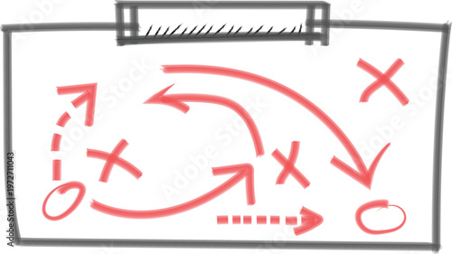 Hand drawn sports strategy board with red arrows and markers on a white background