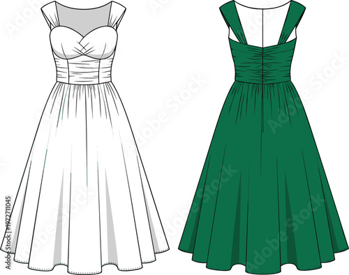 Fashion Flat Technical Sketch of a Sweetheart Neckline Midi Dress Featuring Pleated Skirt and Wide Straps in White and Green Vector