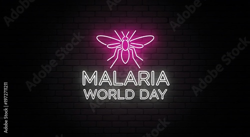 Neon malaria world day sign with mosquito on black brick wall background