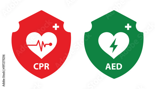 CPR and AED Label – Cardiopulmonary Resuscitation and Automated External Defibrillator Emergency Sign, First Aid Safety Badge, Medical Rescue Symbol, Black Line Vector Isolated on White Background