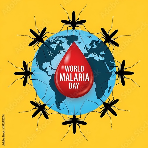 World malaria day awareness poster with mosquitoes and globe on yellow background