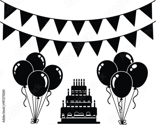 Elegant black and white celebration with a tiered cake and balloons Vector