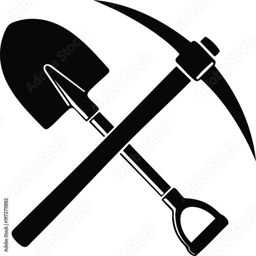Black shovel and pickaxe crossed tool digging construction