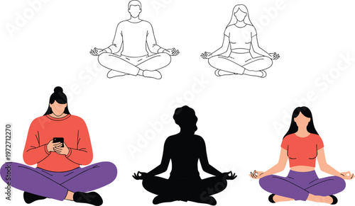 Meditation people set illustration, man and woman lotus pose, mindfulness practice and smartphone use, silhouette and vector isolated on light background