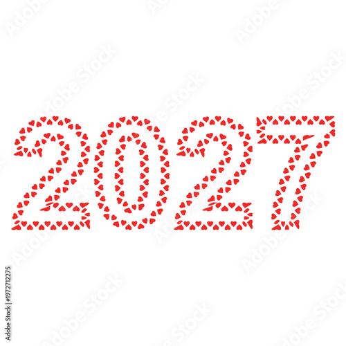 Romantic 2027 typography design made from red heart symbols