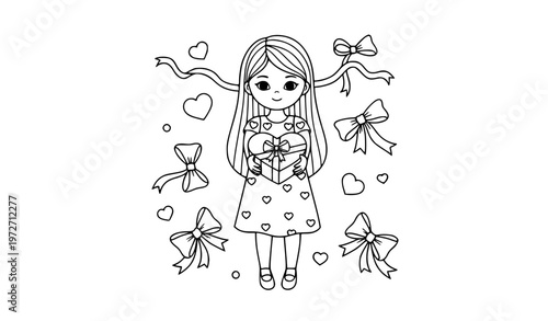 Cute girl giving heart gift box Valentine Day coloring page with ribbon and bow outline vector