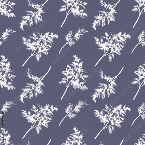 Dill plant. Monochrome botanical seamless pattern drawing of fragrant herbs and spices. Graphic ink vector. Good for decoration of cooking, menu, decor, stickers, tea, kitchens