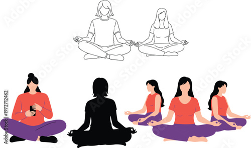 Meditation women collection illustration, lotus pose yoga practice, mindfulness and relaxation set, silhouette and colorful vector isolated on light background