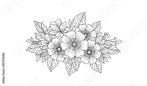SEO Title:
Blooming flower bouquet coloring page vector illustration detailed botanical line art isolated on white background