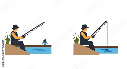 Illustration of fishermen sitting and fishing from various riverside locations