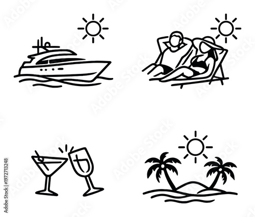Yacht and beach leisure icons showing sun drinks and island