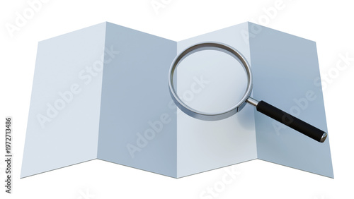 Folded world map with magnifying glass. Geography research and global navigation planning concept. Isolated location discovery tool.