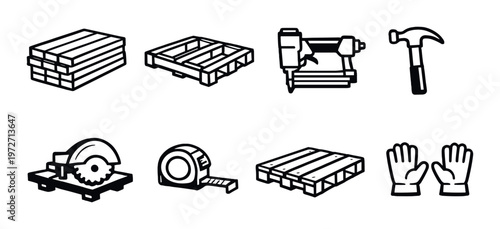 Woodworking tools and pallets arranged on gray background