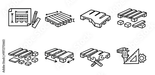 Wooden pallet planning and assembly icons on dark gradient