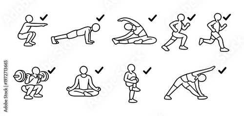 Human exercise and stretching icons showing various workout poses