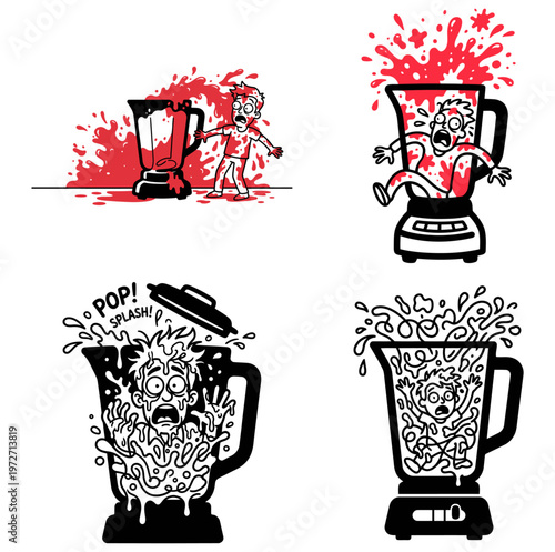 Minimalist Blender with Smoothie Explosion Cartoon Line Art, Monochrome Vector Illustration with Red Splash Accent