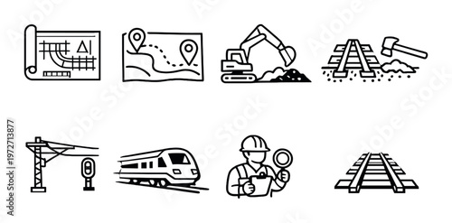 Railway construction equipment and planning icons on gray background